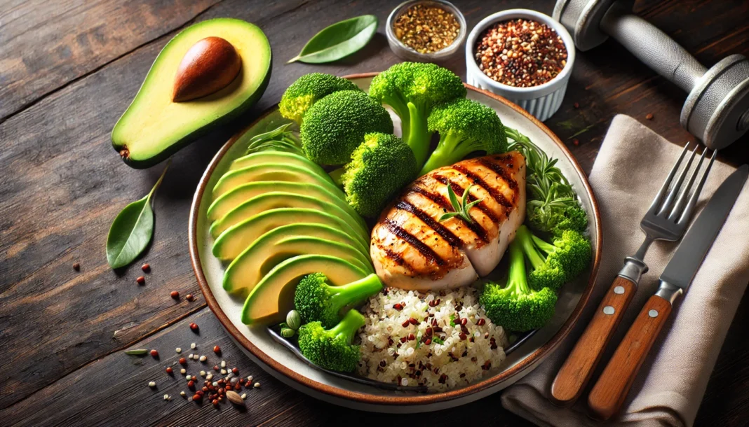 A high-protein muscle-building meal featuring grilled chicken breast, steamed broccoli, quinoa, and avocado on a dark wooden table, symbolizing optimal nutrition for muscle growth.