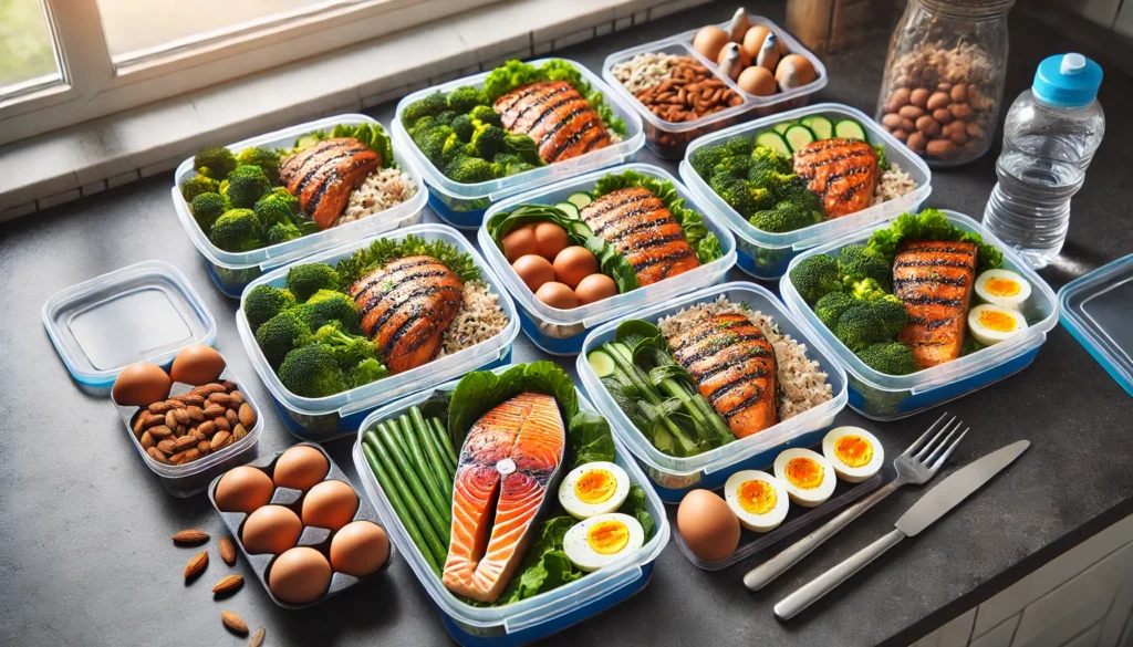 A bodybuilding meal prep setup with multiple containers filled with balanced meals, including grilled salmon, brown rice, leafy greens, boiled eggs, and nuts, neatly arranged on a kitchen counter.