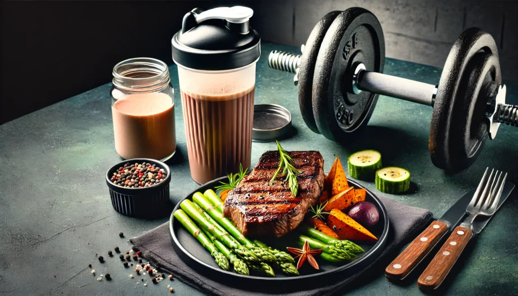 A gym-themed meal scene featuring a protein-packed plate with juicy steak, roasted sweet potatoes, and asparagus, placed next to a shaker bottle filled with a protein shake, representing muscle recovery and growth.