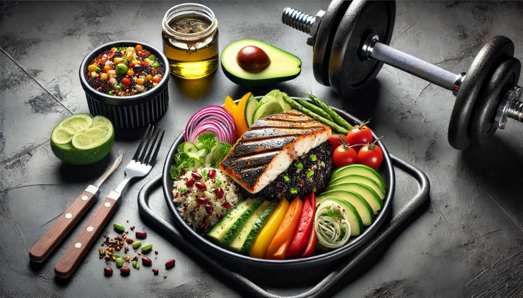 A high-energy athlete's meal showcasing a colorful plate with grilled fish, quinoa, avocado slices, and mixed vegetables on a sleek black plate with a sporty backdrop, emphasizing clean eating for muscle-building nutrition.