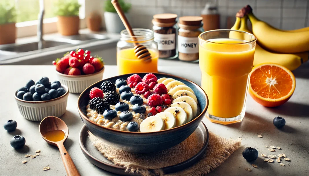 A vibrant post-workout meal featuring a bowl of oatmeal topped with bananas, berries, and honey, served alongside a glass of orange juice in a bright kitchen setting, emphasizing glycogen replenishment for faster recovery.