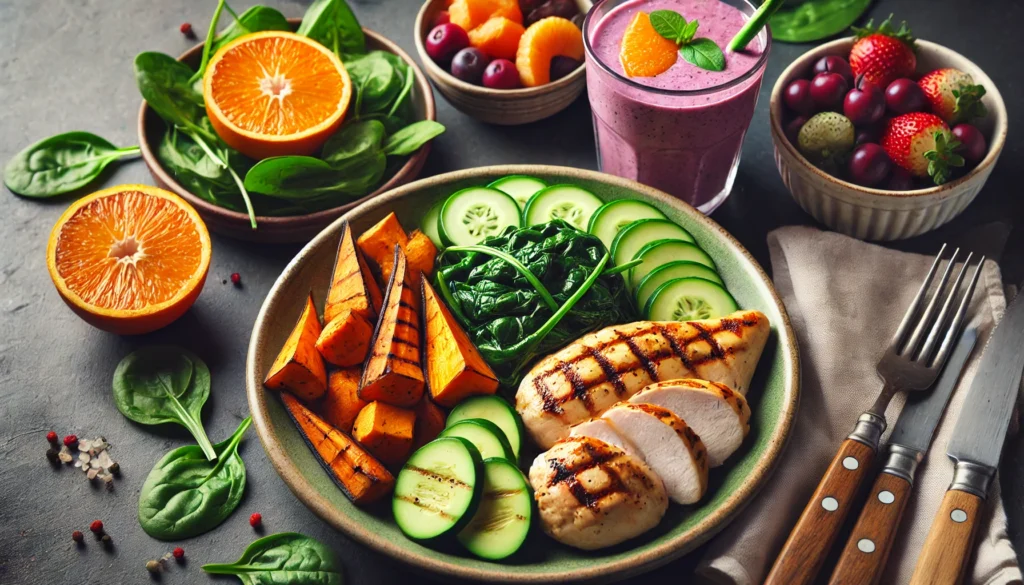 A nutrient-packed post-workout meal with a plate of grilled chicken, roasted sweet potatoes, and steamed spinach, complemented by a smoothie bowl filled with fruits, highlighting balanced nutrition for glycogen replenishment and muscle recovery.