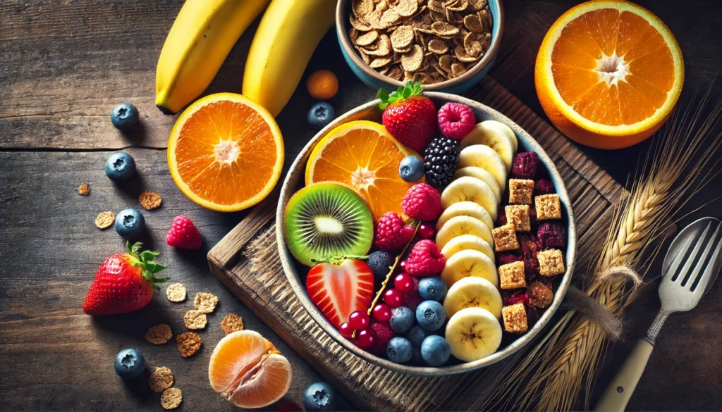 A colorful array of fresh fruits such as bananas, oranges, and berries arranged in a bowl next to a bowl of whole grain cereal, showcasing natural carbohydrate sources for replenishing glycogen after exercise.