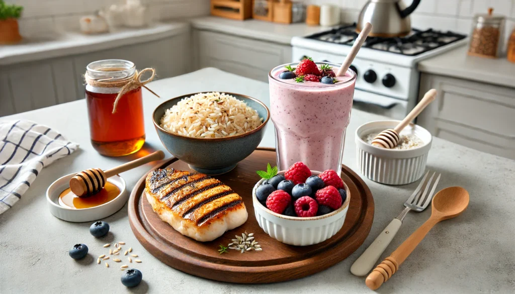 A post-exercise recovery meal setup featuring a smoothie made from yogurt, berries, and honey alongside a plate of brown rice and grilled fish, presented in a clean, modern kitchen, symbolizing optimal glycogen replenishment and performance recovery.