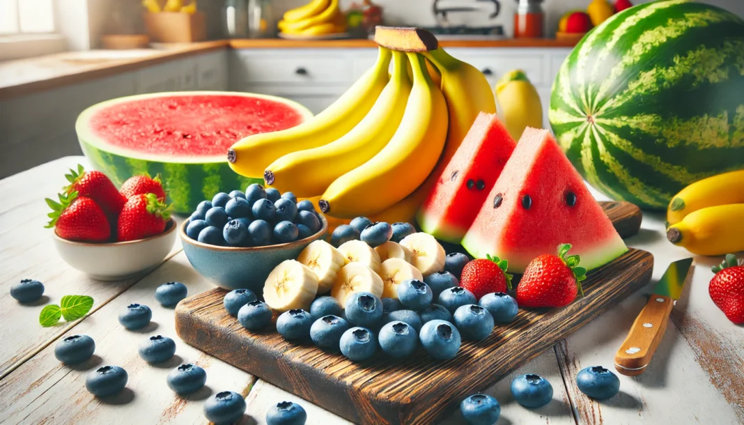 A vibrant display of fresh bananas, blueberries, and watermelon slices arranged on a wooden cutting board in a bright kitchen, symbolizing post-workout fruit choices for muscle repair and energy replenishment.