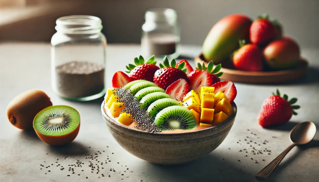 A refreshing post-workout fruit smoothie bowl filled with sliced kiwi, strawberries, and mango chunks, garnished with chia seeds, placed on a minimalist kitchen counter to emphasize healthy fruit choices for muscle recovery.