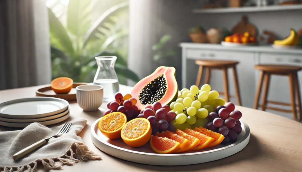 A beautifully arranged fruit platter with grapes, oranges, and papaya slices placed on a white ceramic plate in a modern kitchen with soft natural light, highlighting these fruits as excellent post-workout recovery options.