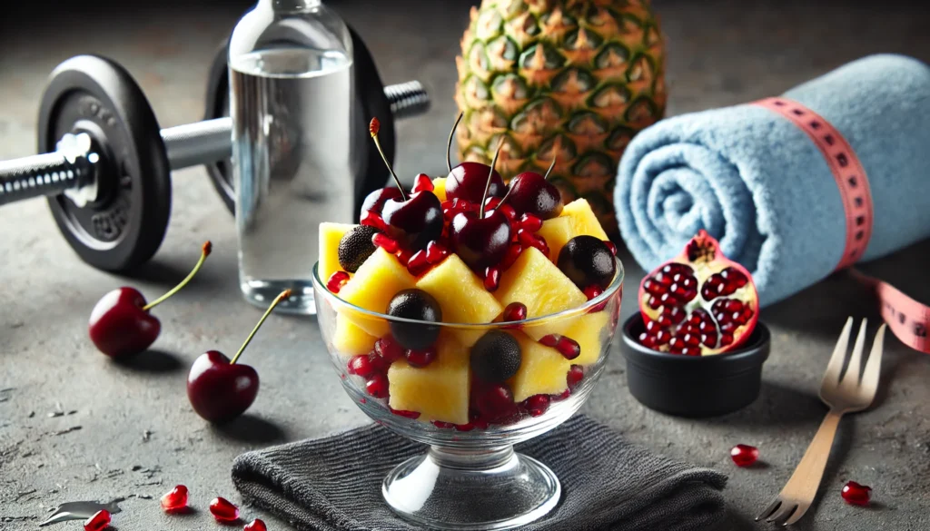 A high-energy post-workout fruit salad featuring pineapple chunks, cherries, and pomegranate seeds in a glass bowl, with a fitness-themed background including a water bottle and gym towel, emphasizing hydration and muscle recovery benefits.