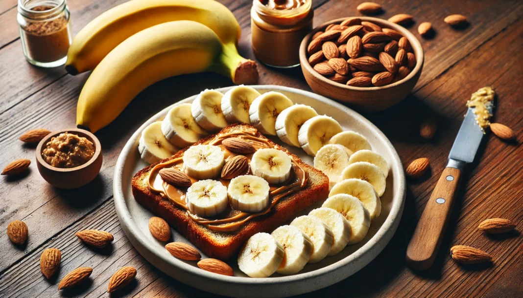 A high-energy pre-workout snack setup featuring a plate with sliced bananas, peanut butter toast, and a handful of almonds on a wooden countertop with natural lighting, representing nutritious fuel for optimal performance.