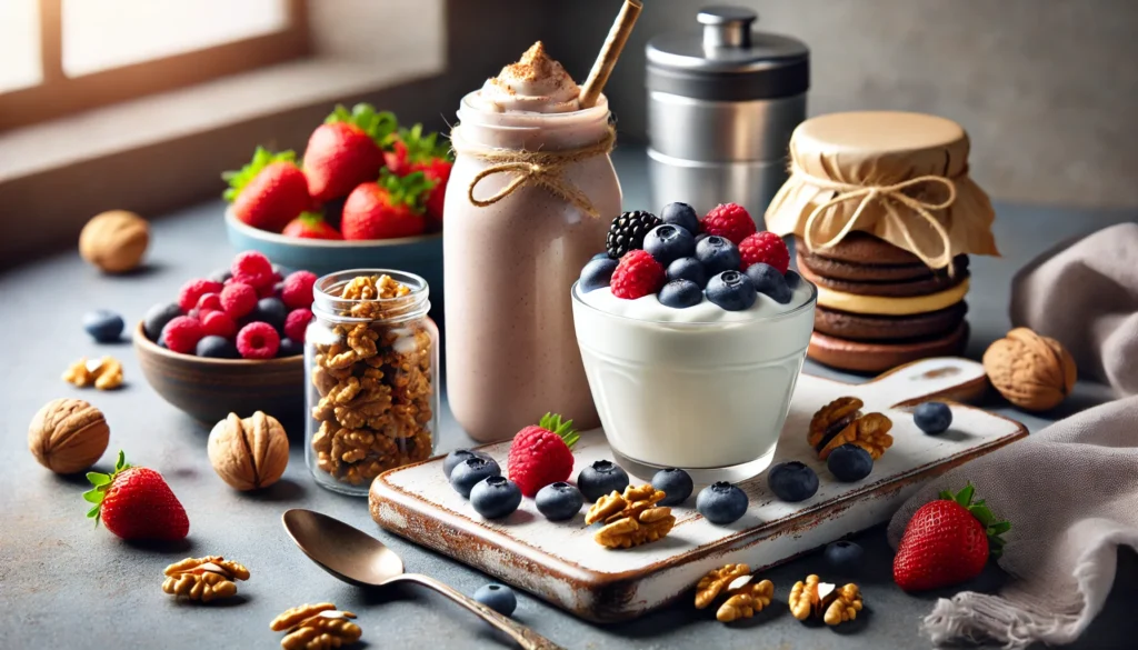 A balanced post-workout snack scene with a protein smoothie, Greek yogurt topped with fresh berries, and a handful of walnuts, set on a clean kitchen counter to symbolize effective recovery nutrition.