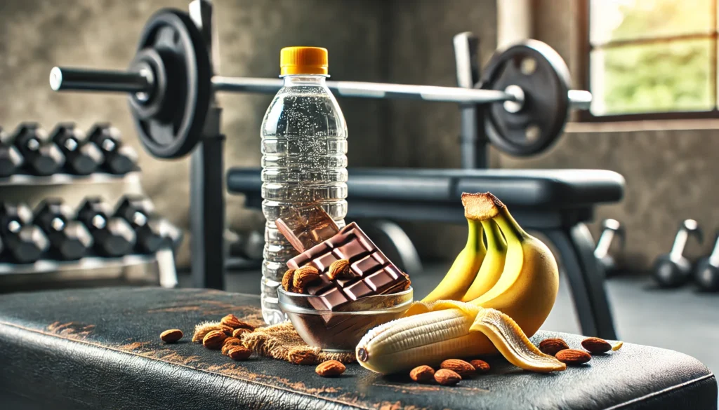 A fitness-focused pre-workout snack composition with energy bars, a banana, and a small bowl of mixed nuts placed on a gym bench, with a subtle view of dumbbells in the background, emphasizing performance fuel before exercise.