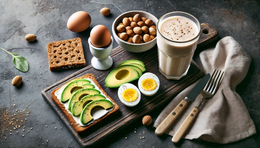 A recovery-focused post-workout snack arrangement featuring a boiled egg, whole-grain toast with avocado, and a protein shake, set on a dark textured table, highlighting its nutritious benefits.