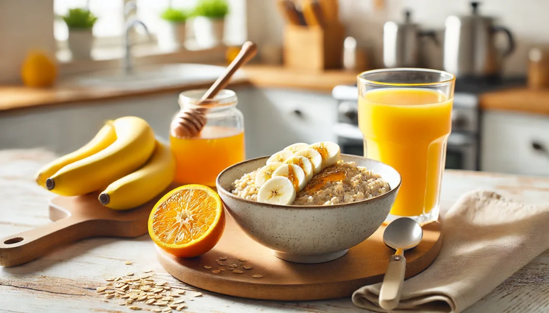 A pre-workout meal featuring a bowl of oatmeal topped with sliced bananas and a drizzle of honey, alongside a glass of orange juice in a bright kitchen, emphasizing the importance of carbohydrates before exercise for energy and muscle performance.