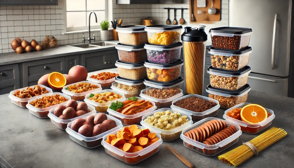 A fitness-focused meal prep setup with containers filled with carbohydrate-rich foods such as sweet potatoes, quinoa, and whole wheat pasta, neatly arranged on a kitchen counter, symbolizing structured meal timing for muscle growth and energy balance.