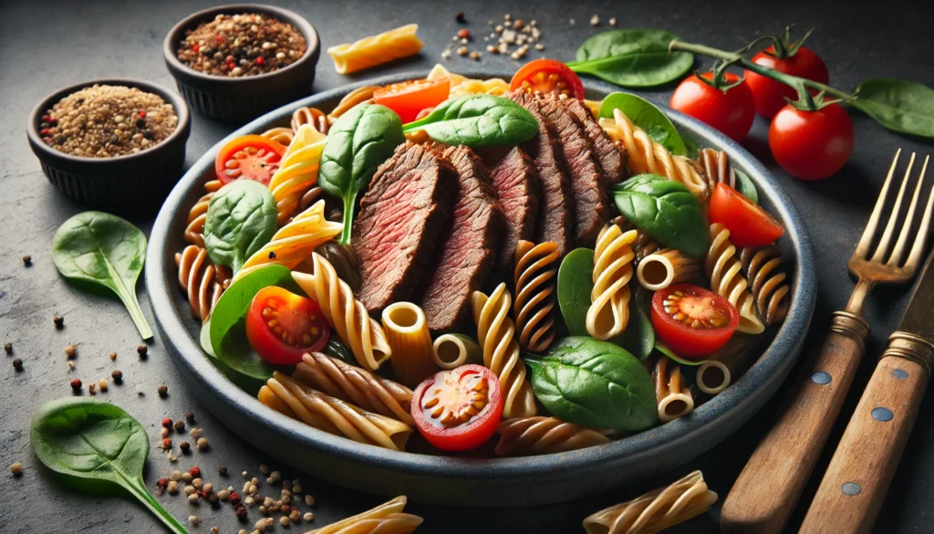 A muscle-building meal featuring a serving of whole grain pasta with lean beef, spinach, and cherry tomatoes, plated on a dark background, emphasizing the importance of carbohydrates and protein in maximizing muscle growth.