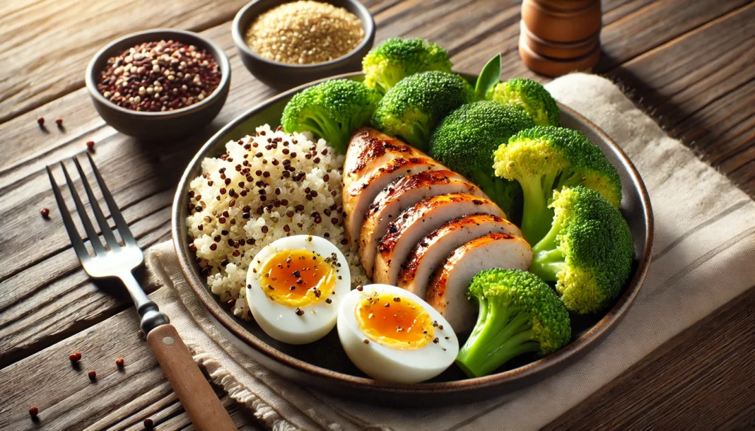 A post-workout protein-rich meal featuring a grilled chicken breast, quinoa, steamed broccoli, and a boiled egg, plated on a wooden table with natural lighting, representing optimal protein intake for muscle recovery and growth.