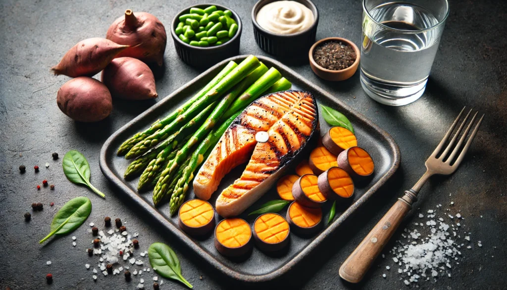 A protein-packed post-workout meal with a grilled salmon fillet, sweet potatoes, and steamed asparagus, beautifully plated on a dark stone countertop, highlighting the importance of protein for muscle recovery and growth.