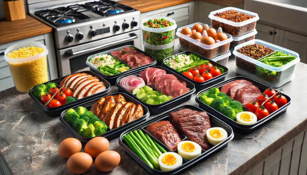 A bodybuilding-focused post-workout meal prep setup featuring multiple containers with grilled chicken, lean beef, eggs, quinoa, and green vegetables, arranged on a kitchen counter, representing structured protein intake for muscle growth.