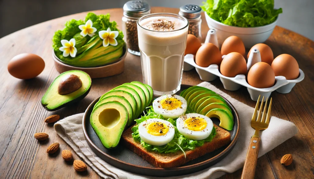 A visually appealing post-workout meal featuring scrambled eggs, whole grain toast, avocado slices, and a protein shake, arranged on a wooden dining table, symbolizing balanced protein intake for muscle recovery and strength building.