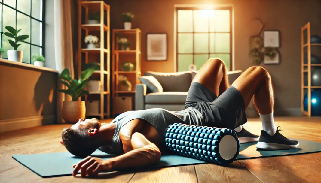 A relaxing post-workout recovery scene featuring an athlete lying on a yoga mat using a foam roller for muscle relaxation in a peaceful home gym with soft lighting, emphasizing muscle repair and injury prevention.