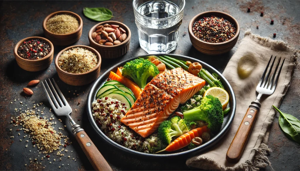 A high-protein post-workout meal featuring grilled salmon, quinoa, steamed vegetables, and a glass of water, beautifully plated on a dark wooden table to highlight nutrition for muscle recovery and performance.