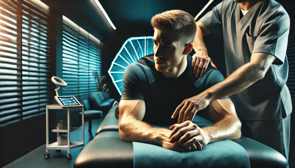 A professional massage therapy session for muscle recovery, showing an athlete receiving a deep tissue massage from a therapist in a dimly lit, calming massage room, emphasizing muscle relaxation and faster recovery.