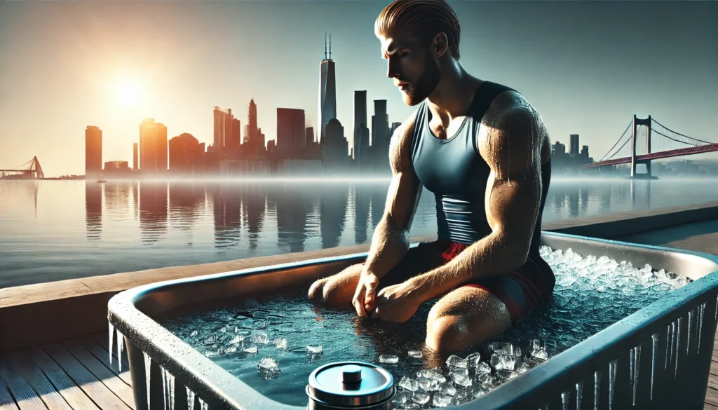 An ice bath recovery session featuring an athlete sitting in a cold plunge tub, surrounded by a calm outdoor environment, emphasizing the benefits of cold therapy for reducing muscle soreness and speeding up recovery after intense workouts.