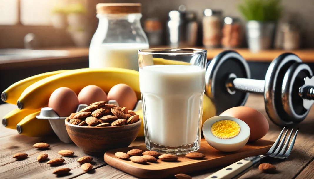 A refreshing post-workout scene featuring a glass of milk next to a plate of protein-rich foods like eggs, almonds, and bananas in a well-lit kitchen, emphasizing the benefits of milk for muscle recovery and performance.