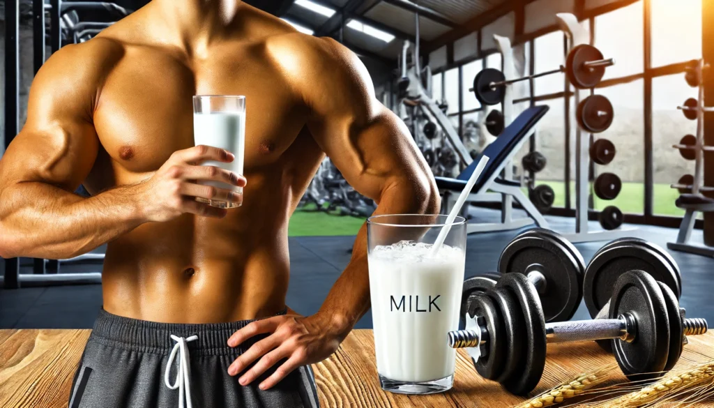 A fitness-themed composition featuring a muscular athlete drinking a glass of milk after a workout in a gym setting with weights and exercise equipment, symbolizing milk as a post-workout recovery drink.