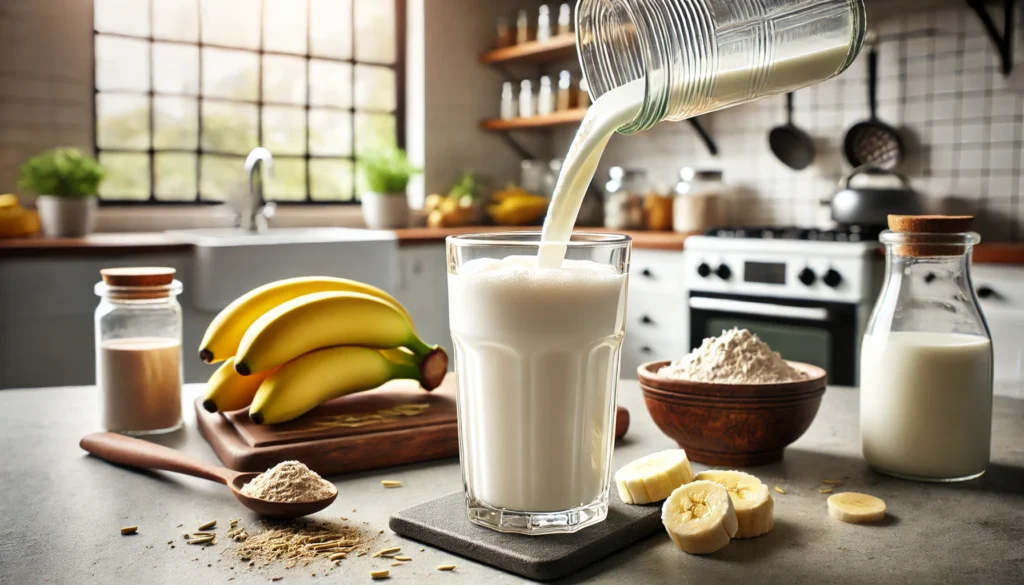 A nutritious post-workout smoothie made with milk, bananas, and protein powder, poured into a glass on a bright kitchen counter with fresh ingredients, highlighting milk’s role in muscle recovery and nutrition.