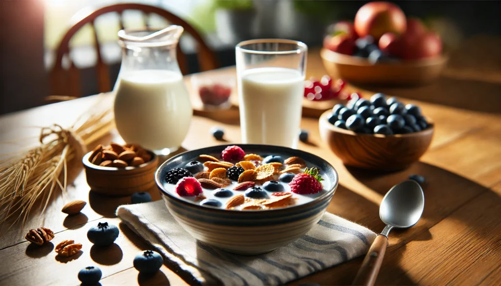 A recovery-focused meal featuring a bowl of cereal with milk, fresh berries, and nuts, served on a wooden dining table illuminated by natural light, representing milk as a beneficial post-workout recovery option.