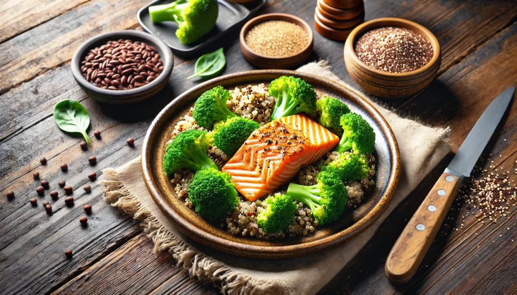 A recovery-focused meal prep setup featuring multiple containers with hard-boiled eggs, avocado slices, nuts, and fresh vegetables, neatly arranged on a wooden kitchen counter, emphasizing muscle recovery and strength building.