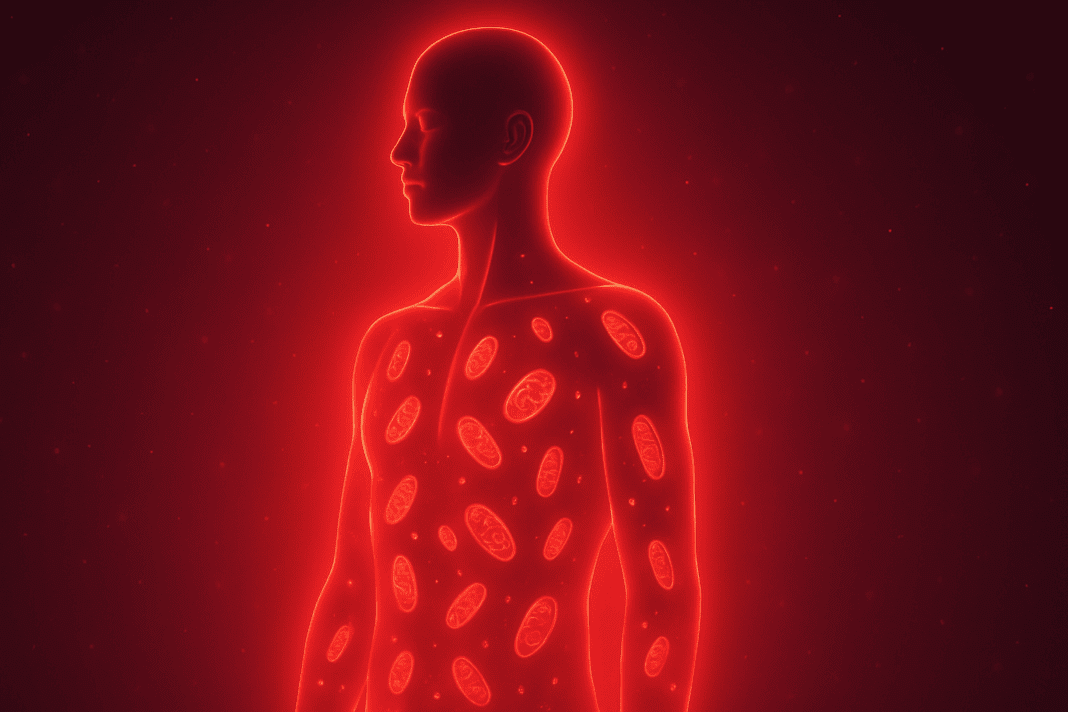 Human figure bathed in soft glow demonstrating cellular activation during photobiomodulation red light therapy